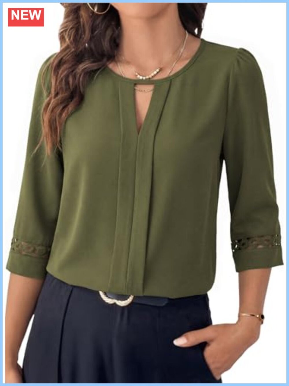 Womens 3/4 Sleeve Blouse Pleated Crewneck Business Casual Top